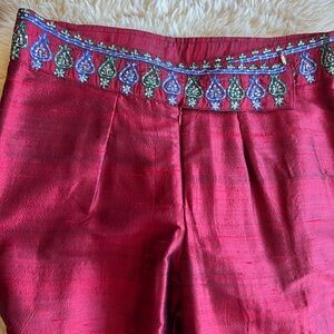 Beautiful One-off Hand made in India crimson silk and hand embroidered pants.